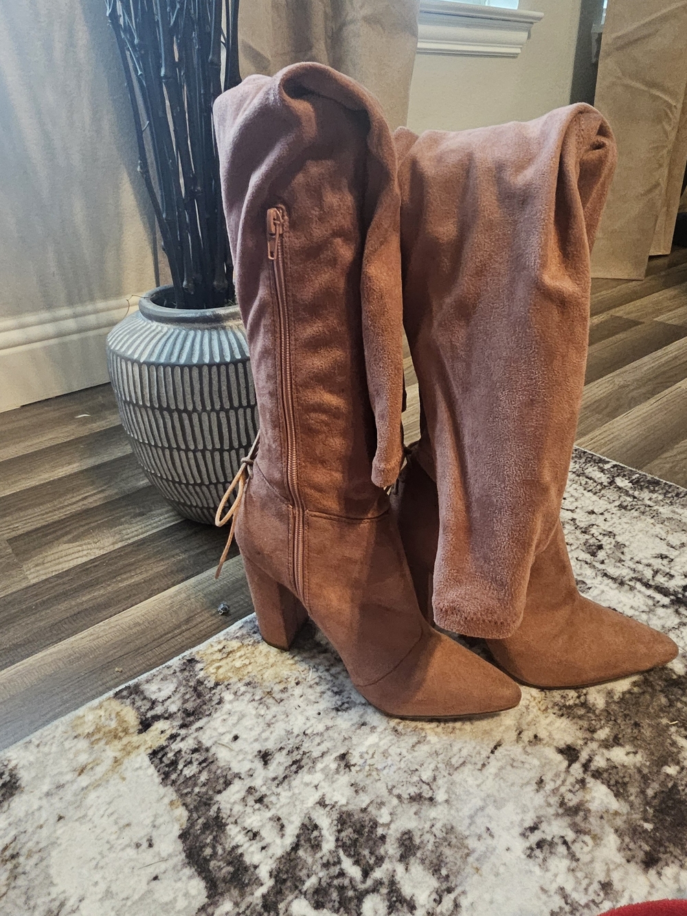Over-the-Knee Pointed Toe Block Heel Boots in Blush Suede